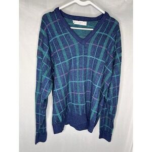 Mens L Vintage Jantzen Grandpa Pullover Acrylic Sweater Plaid Blue Green  USA